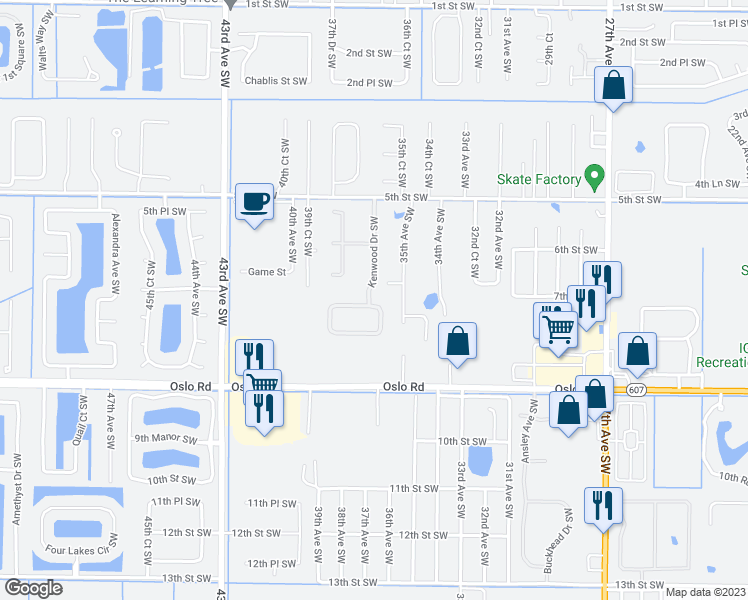 map of restaurants, bars, coffee shops, grocery stores, and more near 701 North Ocracoke Square Southwest in Vero Beach
