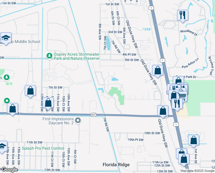 map of restaurants, bars, coffee shops, grocery stores, and more near 651 North Center Court Southwest in Vero Beach