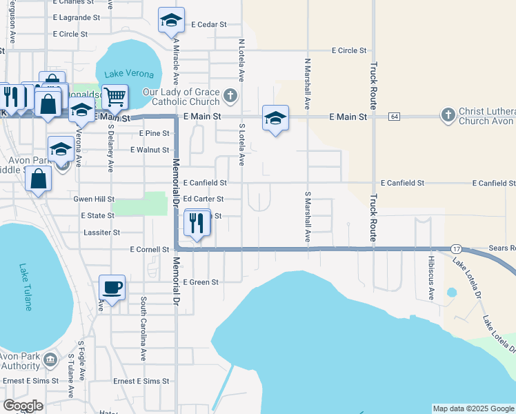 map of restaurants, bars, coffee shops, grocery stores, and more near 321 Blanco Court in Avon Park
