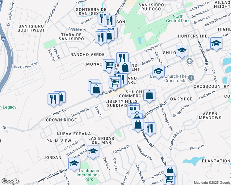 map of restaurants, bars, coffee shops, grocery stores, and more near 611 Shiloh Road in Laredo
