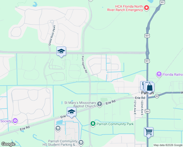 map of restaurants, bars, coffee shops, grocery stores, and more near 11716 Richmond Trail in Parrish