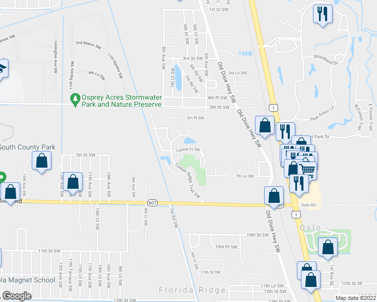 map of restaurants, bars, coffee shops, grocery stores, and more near 601 Centre Court Southwest in Vero Beach
