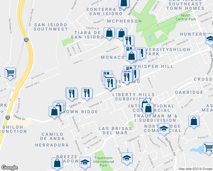 map of restaurants, bars, coffee shops, grocery stores, and more near 520 Shiloh Drive in Laredo