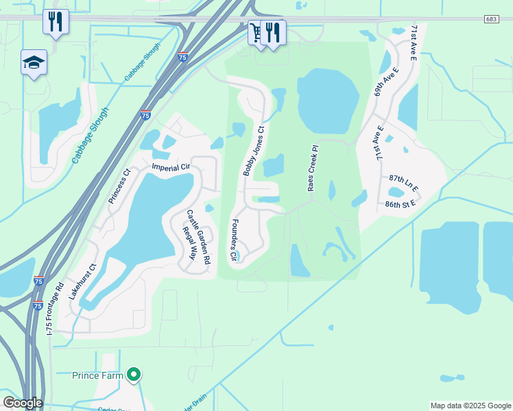 map of restaurants, bars, coffee shops, grocery stores, and more near 6342 Bobby Jones Court in Palmetto