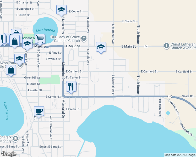 map of restaurants, bars, coffee shops, grocery stores, and more near 321 Blanco Court in Avon Park