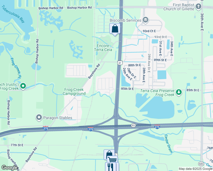 map of restaurants, bars, coffee shops, grocery stores, and more near Tangelo Road in Palmetto