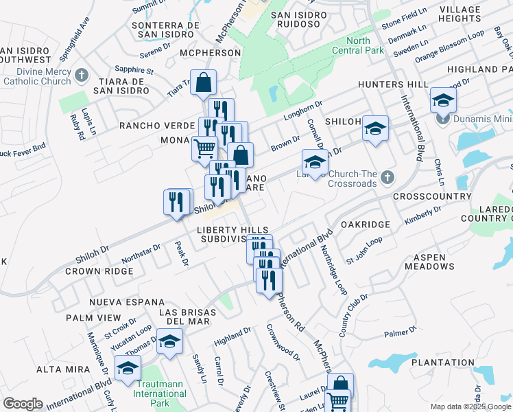map of restaurants, bars, coffee shops, grocery stores, and more near 8915 McPherson Road in Laredo