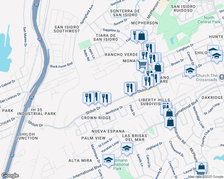 map of restaurants, bars, coffee shops, grocery stores, and more near 510 Shiloh Drive in Laredo