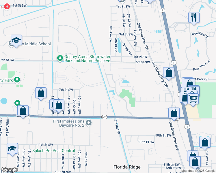 map of restaurants, bars, coffee shops, grocery stores, and more near 685 Fox Run SW in Vero Beach