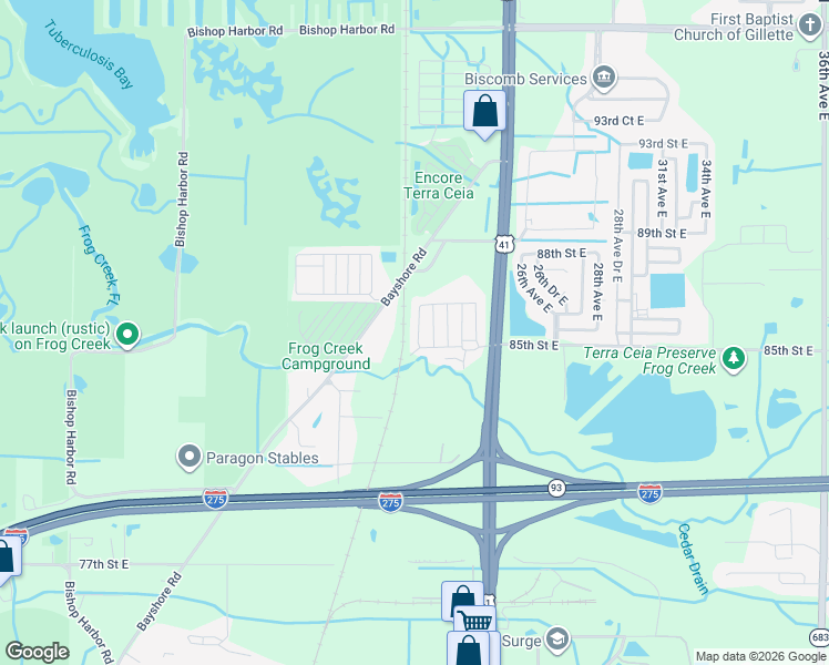 map of restaurants, bars, coffee shops, grocery stores, and more near 8600 Bayshore Road in Palmetto