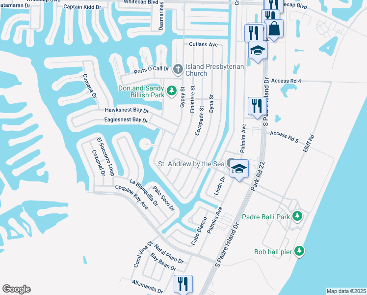 map of restaurants, bars, coffee shops, grocery stores, and more near 15730 Finistere Street in Corpus Christi