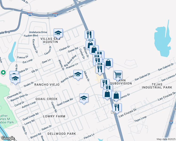 map of restaurants, bars, coffee shops, grocery stores, and more near 302 La Herradura Court in Laredo