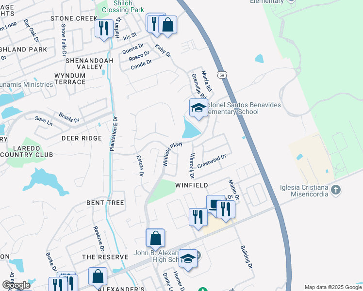 map of restaurants, bars, coffee shops, grocery stores, and more near 3241 Windfall Road in Laredo