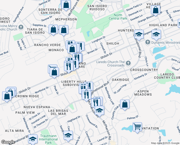 map of restaurants, bars, coffee shops, grocery stores, and more near 8814 Shama Circle in Laredo