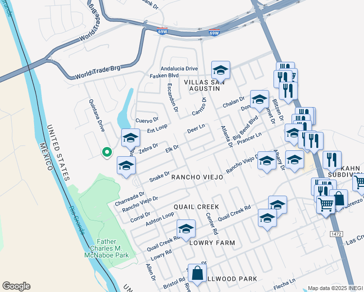 map of restaurants, bars, coffee shops, grocery stores, and more near 10215 Center Rd in Laredo