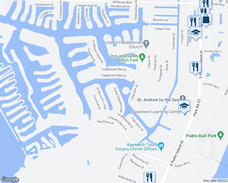 map of restaurants, bars, coffee shops, grocery stores, and more near 15829 Punta Espada Loop in Corpus Christi