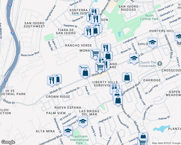 map of restaurants, bars, coffee shops, grocery stores, and more near 604 Shiloh Road in Laredo