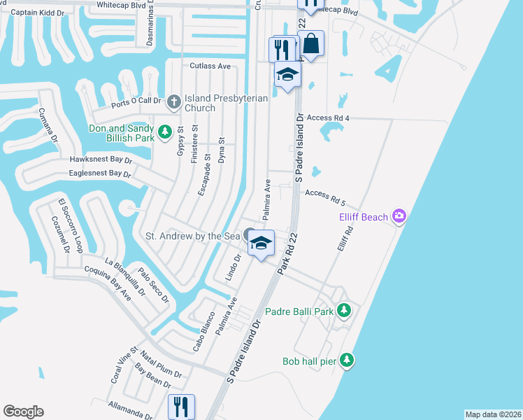 map of restaurants, bars, coffee shops, grocery stores, and more near 15666 Palmira Avenue in Corpus Christi
