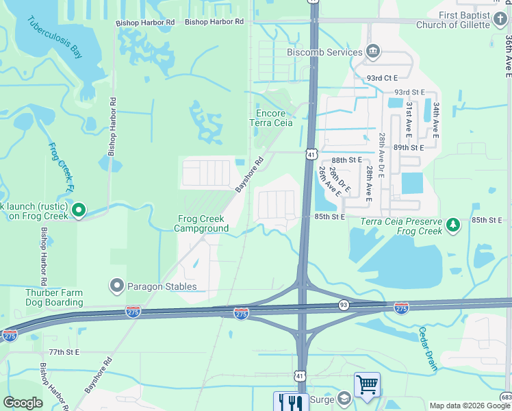 map of restaurants, bars, coffee shops, grocery stores, and more near 8600 Bayshore Road in Palmetto