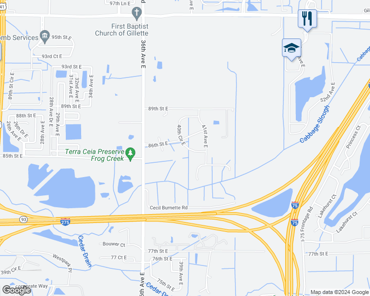 map of restaurants, bars, coffee shops, grocery stores, and more near 7517 38th Avenue East in Palmetto