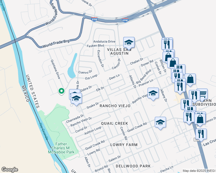 map of restaurants, bars, coffee shops, grocery stores, and more near 10215 Center Road in Laredo