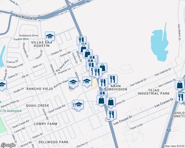 map of restaurants, bars, coffee shops, grocery stores, and more near 611c Rancho Viejo Drive in Laredo