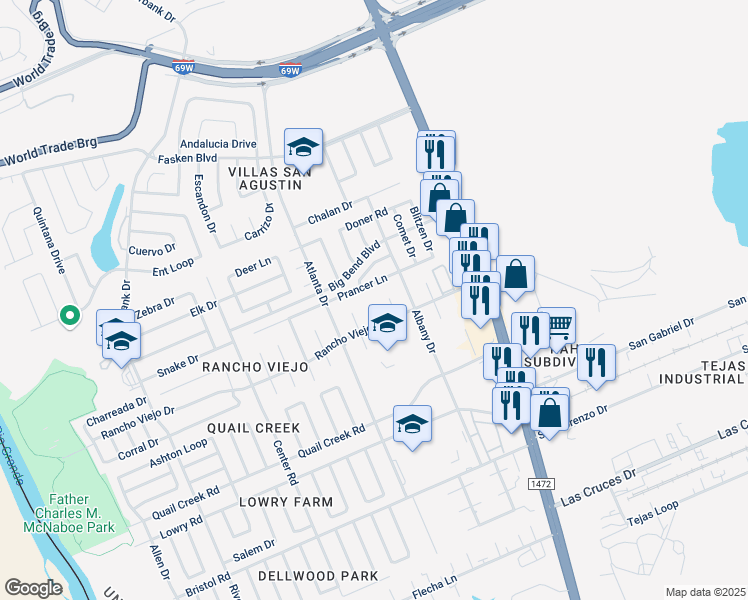 map of restaurants, bars, coffee shops, grocery stores, and more near 414 Potrero Court in Laredo