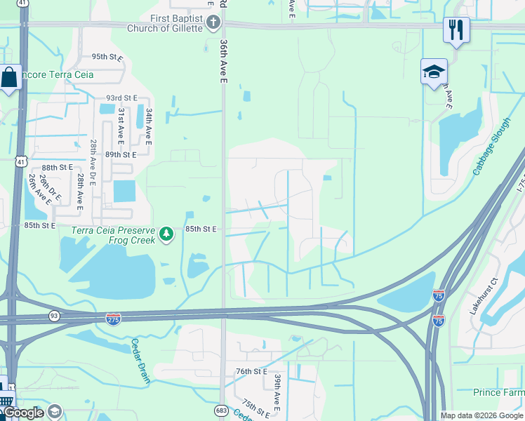 map of restaurants, bars, coffee shops, grocery stores, and more near 8702 36th Avenue East in Palmetto
