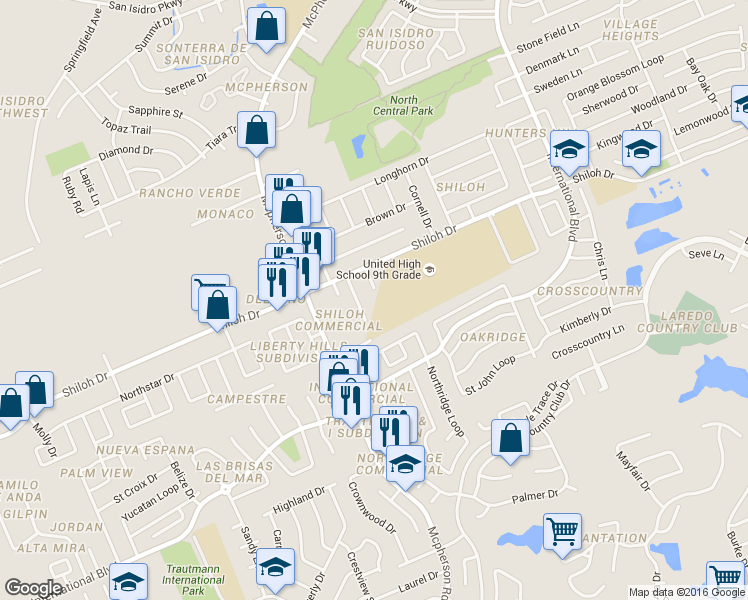 map of restaurants, bars, coffee shops, grocery stores, and more near 8814 Shama Circle in Laredo