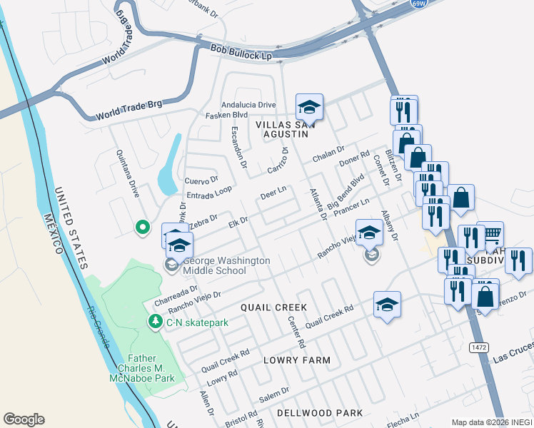 map of restaurants, bars, coffee shops, grocery stores, and more near 725 Antelope Lane in Laredo