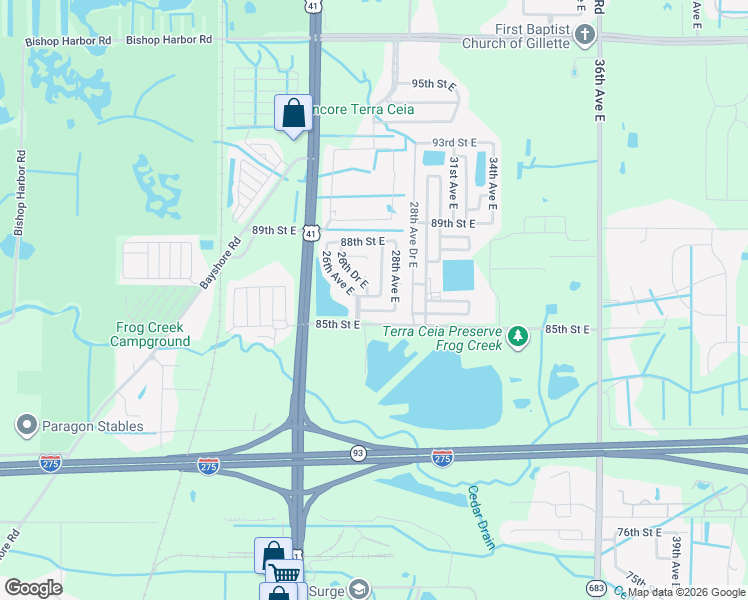 map of restaurants, bars, coffee shops, grocery stores, and more near 2600-2798 86th St E in Palmetto