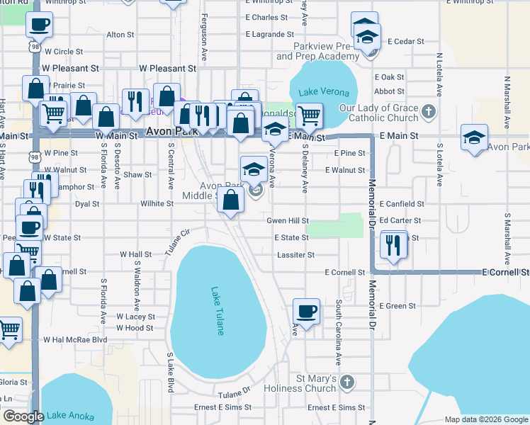 map of restaurants, bars, coffee shops, grocery stores, and more near 401 South Lake Avenue in Avon Park
