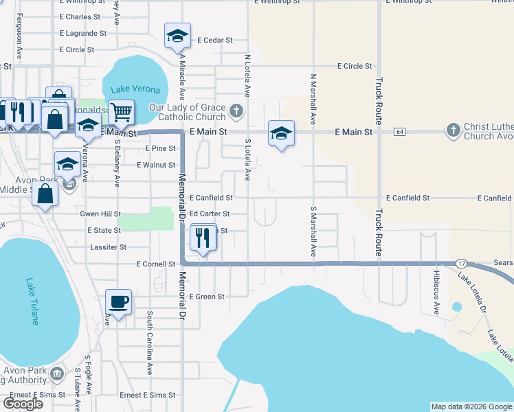 map of restaurants, bars, coffee shops, grocery stores, and more near 321 Blanco Court in Avon Park