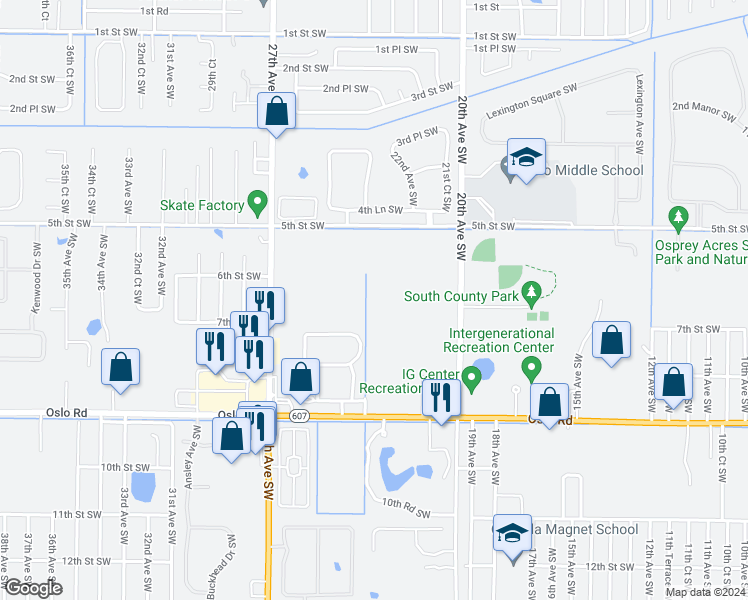 map of restaurants, bars, coffee shops, grocery stores, and more near 2583 Langrove Lane Southwest in Vero Beach