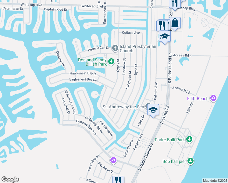 map of restaurants, bars, coffee shops, grocery stores, and more near 15737 Finistere Street in Corpus Christi