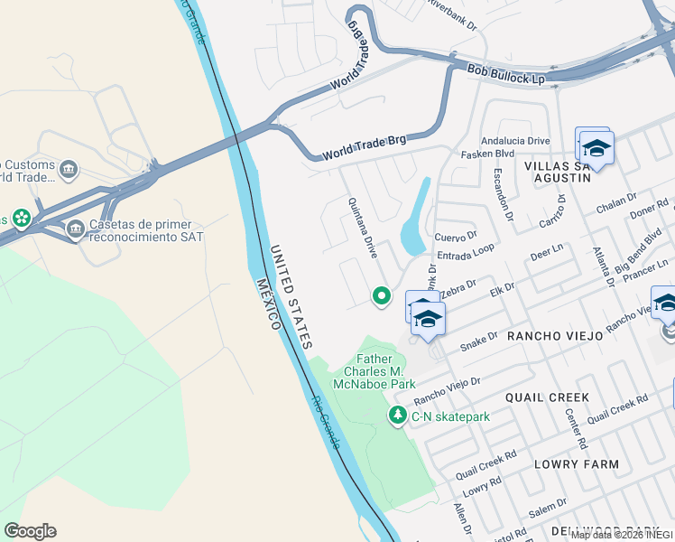 map of restaurants, bars, coffee shops, grocery stores, and more near 11126 Capistran Loop in Laredo