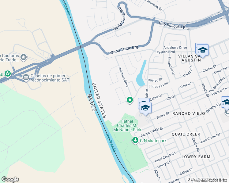 map of restaurants, bars, coffee shops, grocery stores, and more near 11126 Capistran Loop in Laredo