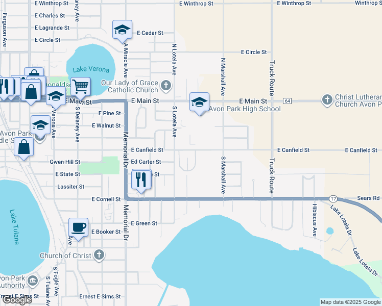 map of restaurants, bars, coffee shops, grocery stores, and more near 321 Blanco Court in Avon Park