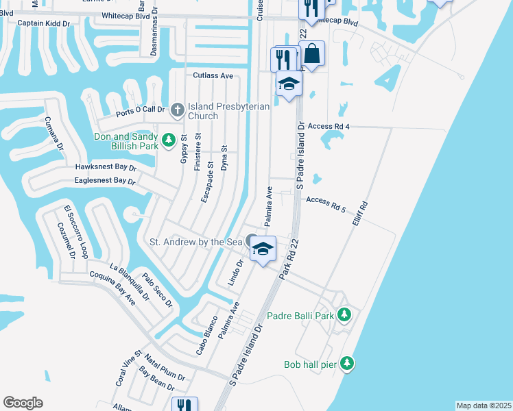 map of restaurants, bars, coffee shops, grocery stores, and more near 15657 Cruiser Street in Corpus Christi