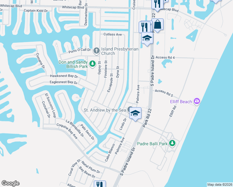 map of restaurants, bars, coffee shops, grocery stores, and more near 15725 Cuttysark Street in Corpus Christi