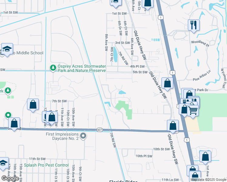map of restaurants, bars, coffee shops, grocery stores, and more near 605 West Point Court Southwest in Vero Beach