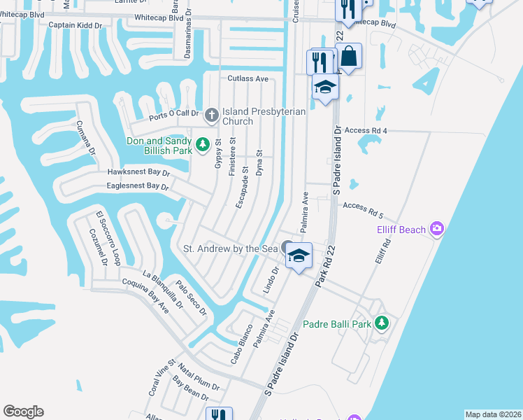 map of restaurants, bars, coffee shops, grocery stores, and more near 15642 Dyna Street in Corpus Christi