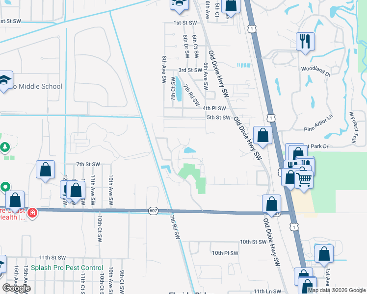 map of restaurants, bars, coffee shops, grocery stores, and more near 605 West Point Court Southwest in Vero Beach