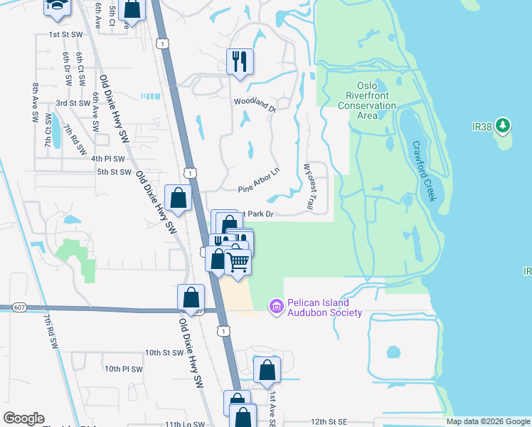 map of restaurants, bars, coffee shops, grocery stores, and more near 19 Forest Park Drive in Vero Beach