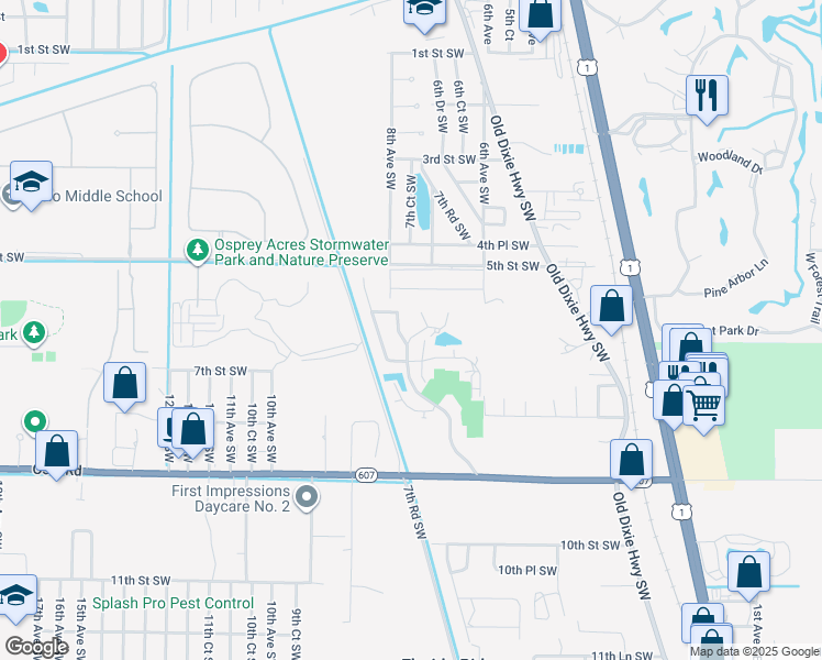 map of restaurants, bars, coffee shops, grocery stores, and more near 605 West Point Court Southwest in Vero Beach
