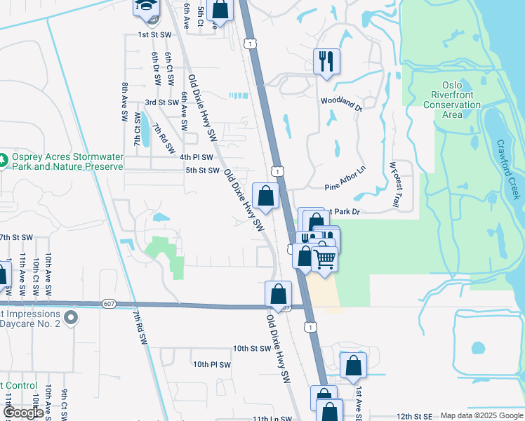 map of restaurants, bars, coffee shops, grocery stores, and more near 580 Old Dixie Highway Southwest in Vero Beach