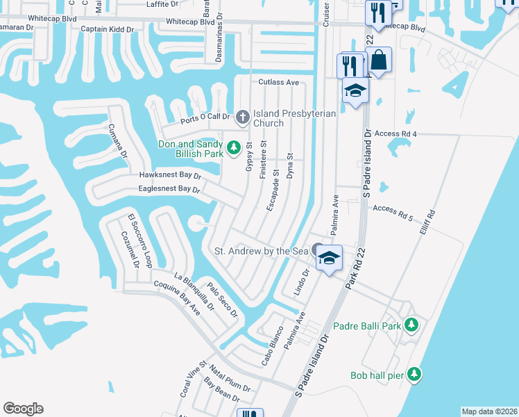 map of restaurants, bars, coffee shops, grocery stores, and more near 15701 Escapade Street in Corpus Christi