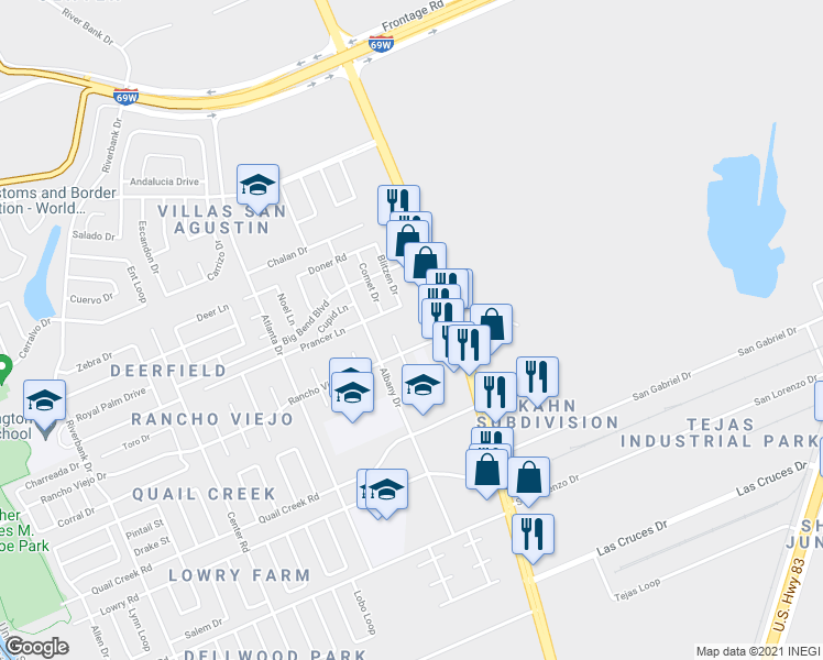 map of restaurants, bars, coffee shops, grocery stores, and more near 604 Rancho Viejo Drive in Laredo