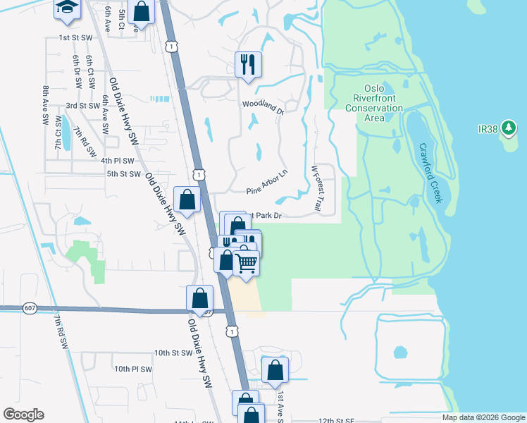 map of restaurants, bars, coffee shops, grocery stores, and more near 22 Forest Park Drive in Vero Beach