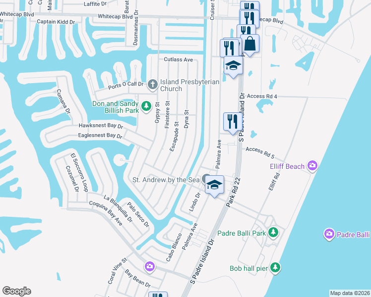 map of restaurants, bars, coffee shops, grocery stores, and more near 15642 Dyna Street in Corpus Christi